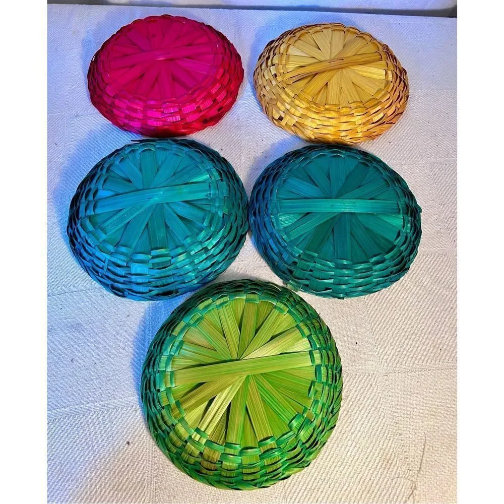 VTG Lot of 5 Retro Wicker Paper Plate Holders Colorful Rattan Picnic BBQ Camping